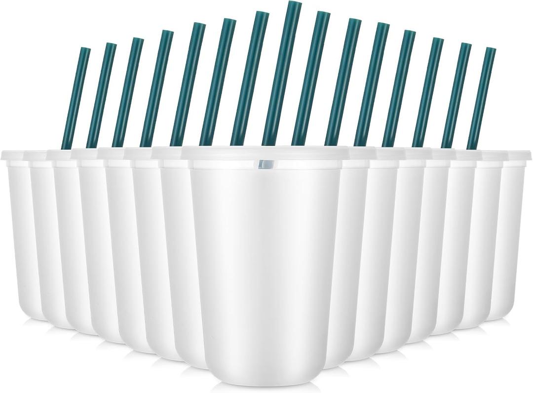 Lounsweer 15 Pcs Clear Reusable Cups with Straws and Lids, Plastic Frosted Round Bottom Ice Coffee Cups Travel Mug Tumbler for Beverage Water Party Birthday Disposable Drinkware (16oz,Green), as picture
