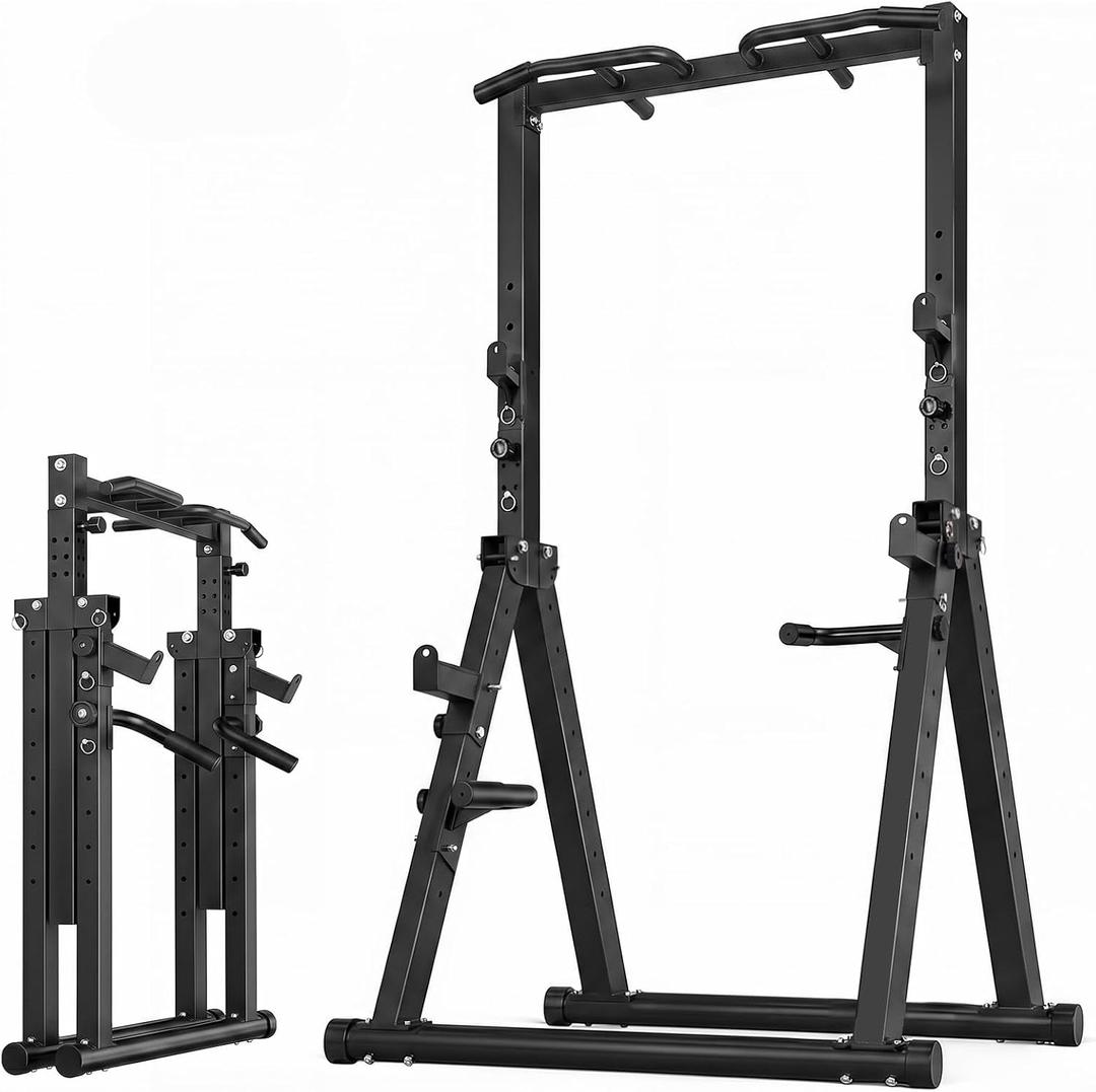 HOTCAMP 700LBS Foldable Power Tower Pull Up Bar - Multi-function Power Tower Dip Station with Adjustable Height for Home Gym, Portable Free Standing Strength Training Equipment for Indoor & Outdoor (Black)