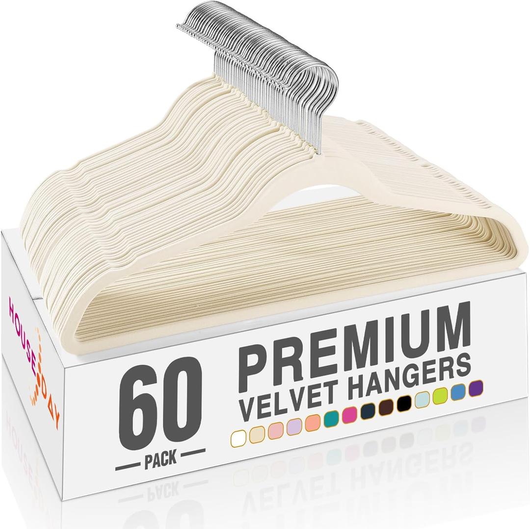 HOUSE DAY Ivory Velvet Hangers 60 Pack, Non Slip Clothes Felt Hanger Heavy Duty for Coat, Premium Slim Space Saving Suit Hangers for Closet Organizer, 360 Rotating Silver Hook