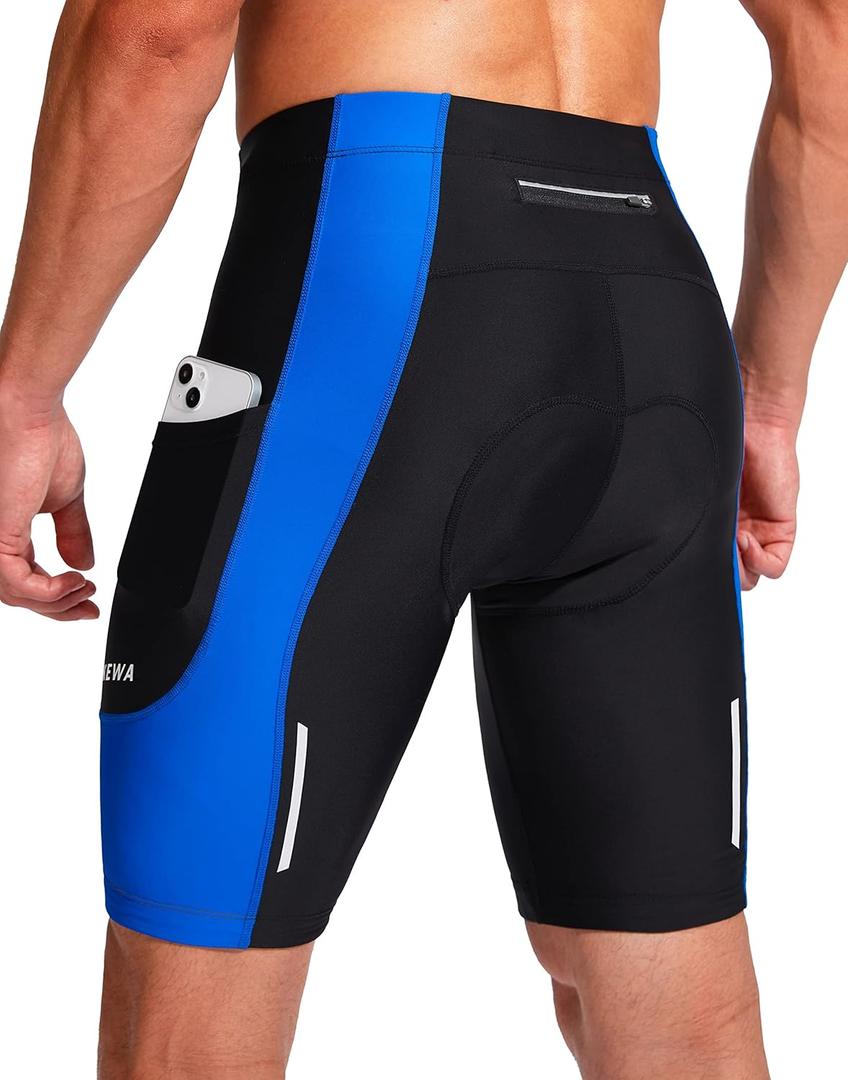 Bikewa Men's Bike Shorts 3D Padded Cycling Road Biking Mountain Riding Biker Bicycle UPF 50+ Cycle Shorts Zipper Pockets, Blue, Large 