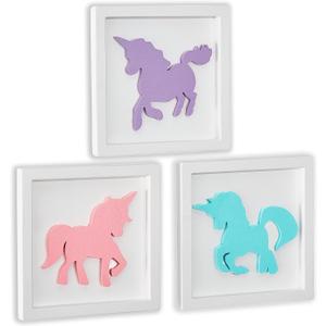 Unicorns Room Decor for Girls Bedroom, 3D Unicorns Wooden Framed Set of 3 Wall Decor, Bathroom Accessories, Purple Aqua Pink Hanging Wall Art, Unicorns Gifts for Girls