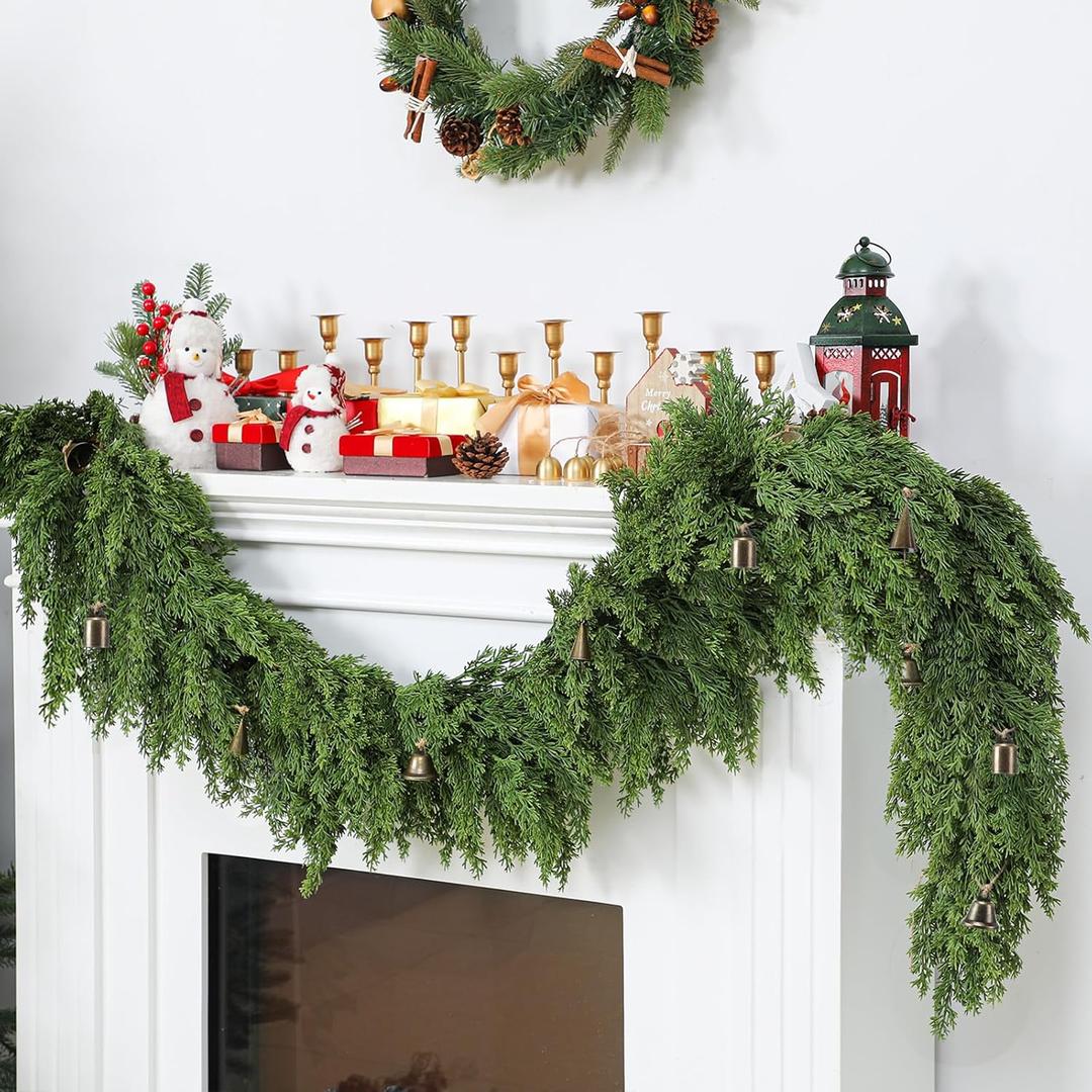 Giegxin 6 ft Christmas Decoration Cedar Garland with Cowbells for Mantel Christmas Real Touch Evergreen Artificial Rustic Garlands for Farmhouse Home Table Centerpieces Fireplace Winter Xmas Decor