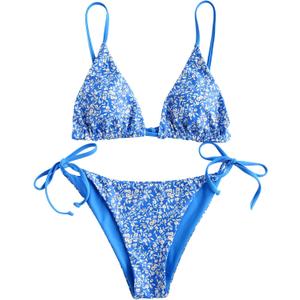 ZAFUL Women's Triangle Bikini Floral String Bikini Set Two Piece Swimsuit Bathing Suits (Medium, 2-ocean Blue)