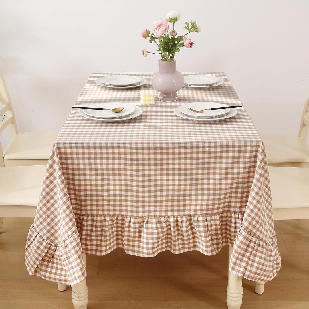 Taupe Plaid Ruffled Table Cloth for Rectangle Table Seat 4-6, 100% Washed Cotton Brown Classic Farmhouse Fall Checker Gingham Vintage Decorative Tablecloth - 70"x52"