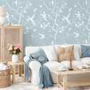 VEELIKE Vintage Blue Cherry Blossom Bird Wallpaper Peel and Stick Chinoiserie Wallpaper for Bedroom Nursery 17.7''x354'' Removable Self Adhesive Blue Floral Wall Paper for Bathroom Living Room Decor