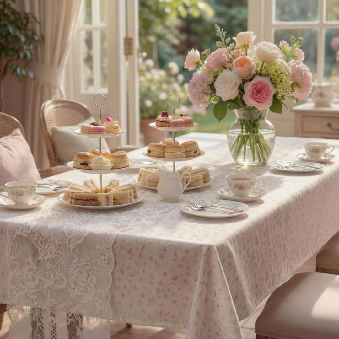 Breling 2 Pcs Spring Floral Tea Party Decoration Pink Vintage Rectangle Tablecloth White Lace Runner Set Flower Table Decor for Garden Wildflower Party Supplies, Bridal Shower Wedding, Baby Shower