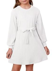 DOKOTOO KIDS Girls Lantern Long Sleeve Casual Dresses Vintage Crewneck Textured Belted A-Line Swing Dress White, 7 Years