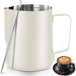 Frothing Milk Pitcher, 12 oz/350 ml Stainless Steel Frothing Milk Jug with Latte Art Pen,with Internal Measurements, for Cappuccino, Espresso and Morewhite