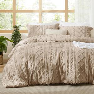 Bedsure Tufted Boho Comforter Set Queen Size - Khaki Boho Bed Set, GentleSoft 3 Pieces Farmhouse Shabby Chic Embroidery Bedding, Gifts for Woman, Soft Jacquard Queen Comforter for All Seasons (09 - Khaki - Elegant)
