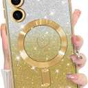Bonoma Compatible with Samsung Galaxy S24 Fe Case Support for MagSafe, Plating Heart Glitter Magnetic Case TPU Camera Protection Back Cover for Phone Case -Gold
