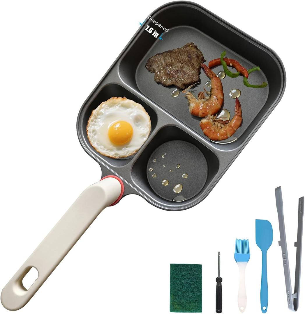 Titanium Non-Stick Divided Egg Frying Pan, 3-Section Breakfast Pan with Heat-Resistant Handle, 9.25 Inch, Compatible with All Stovetops, PFOA/PTFE Free, Recyclable Box (Deepened)
