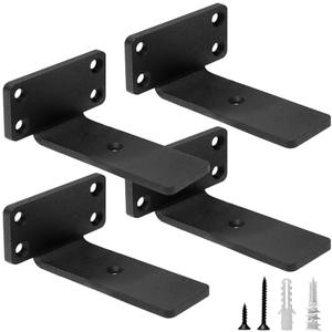 HITOMEN Heavy Duty Floating Shelf Brackets, 4-Inch (1/5'' Thick) Hidden Shelves Hardware, Iron L Brackets, Rustic Industrial Black Metal Wall Shelving Supports, 4 Pack
