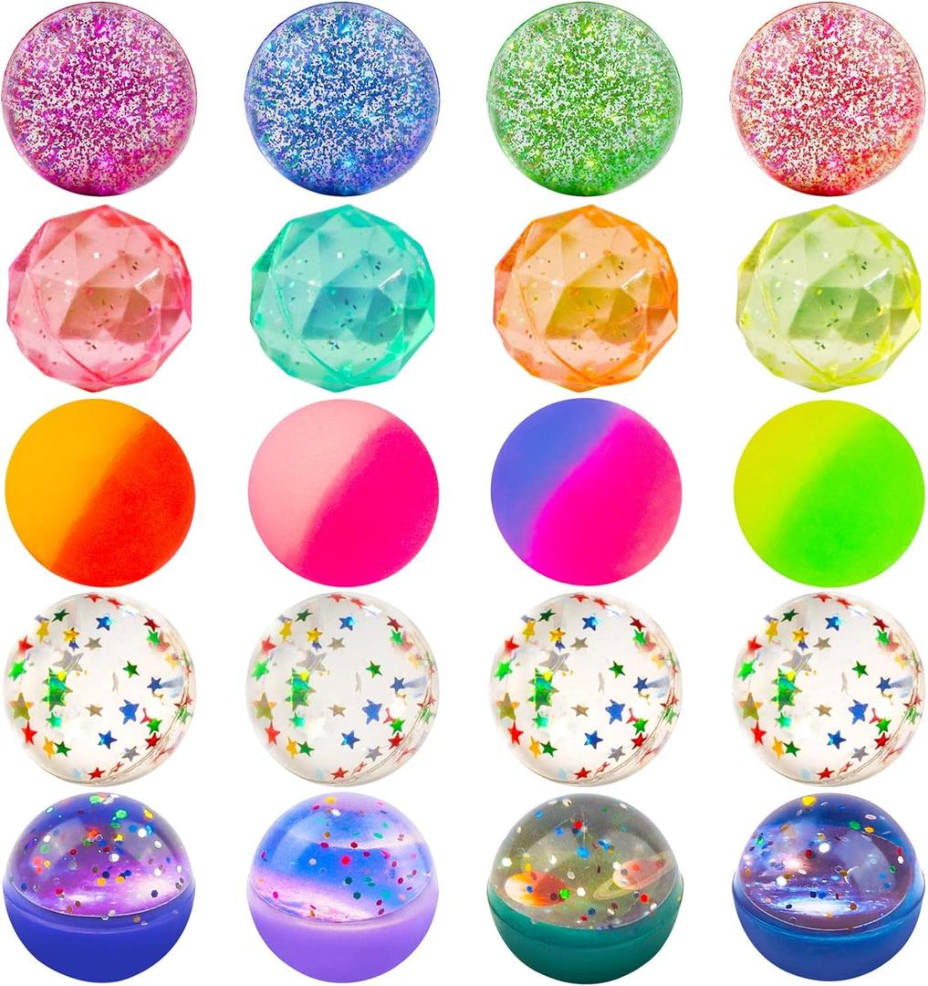 Bouncy Balls for Kids 20 Pieces 5 Styles 32mm Assorted Bouncy Balls with Storage Bag for Birthday Party Favors