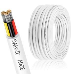 22 Gauge Electrical Wire 3 Conductor, 32.8FT 22AWG Insulated Low Voltage Stranded Tinned Copper Wire, 22/3 White Flexible Extension Cable for LED Lamp Lighting Strips Automotive Etc