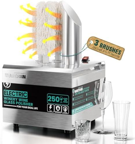 WantJoin Wine Glass Polisher Machine - 3 Brushes 250 Cups/Hour Commercial Electric Automatic Dryer with 304 Stainless Steel, 100% Cotton, 1150W High Power, 140°F Air Drying for Bar Restaurant Kitchen