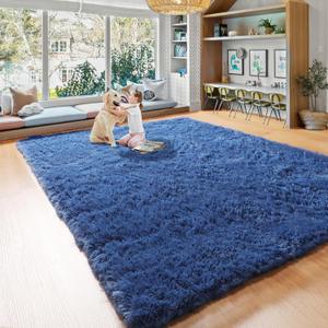Fluffy Soft Shag Area Rug 8x10 Navy Blue Fuzzy Non-Slip Accent Rug for Bedroom, Royal Small Thick Throw Rugs for Nursery Playroom Dorm Bedside, Indoor Plush Carpet Decor for Kids Girls Boys Teen