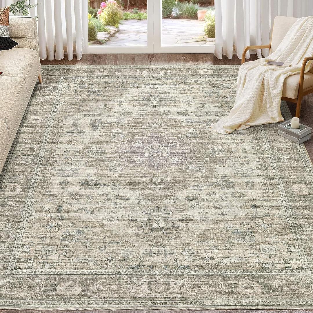 Washable Area Rugs for Living Room -8x10 Neutral Vintage Distressed Floral Farmhouse Boho Large Soft Floor Rug Indoor Non Slip Carpet for Living Room Bedroom Dining Room Office - Brown/Tan