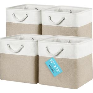 OrganiHaus 12x12 Cube Storage Bins 4 Pack, Foldable Cube Storage Organizer w/ Rope Handles, Collapsible Fabric Bins for Toys, Clothes & Closet Organization, Fabric Square Baskets - Beige/White