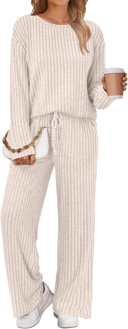 LILLUSORY Womens Lounge Sets 2 Piece Matching Pajamas Fall Fashion 2026 Ribbed Knit Outfits Long Sleeve Casual Sweatsuits (X-Large, Apricot)