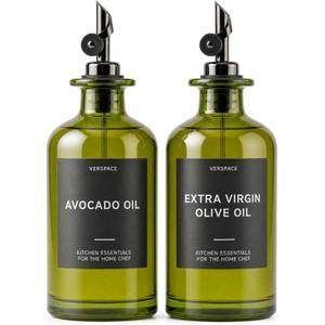 Verspace UV-Protected Green Glass Olive Oil Dispenser Bottles For Kitchen - 2 Pack - 17oz Includes 40 Kitchen Essential Labels, Avocado Oil Dispenser Set, Modern Decor for Home, Airbnb, Cafe