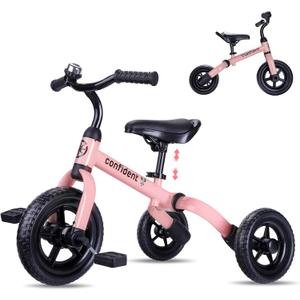 YGJT 3 in 1 Tricycle for Toddlers Age 2-5 Years Old, Folding Kids Balance Bike with Adjustable Seat and Removable Pedal, Toddler Bike Ride-on Toys for Infant, Gifts for Baby Girls Birthday(Pink)
