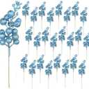 Huisipool 24 Pieces Christmas Glitter Berries Stems Artificial Berry Twig Stem Berry Picks Decorations for Christmas Ornaments, DIY Xmas Wreath, Holiday and Party Decor (Light Blue)