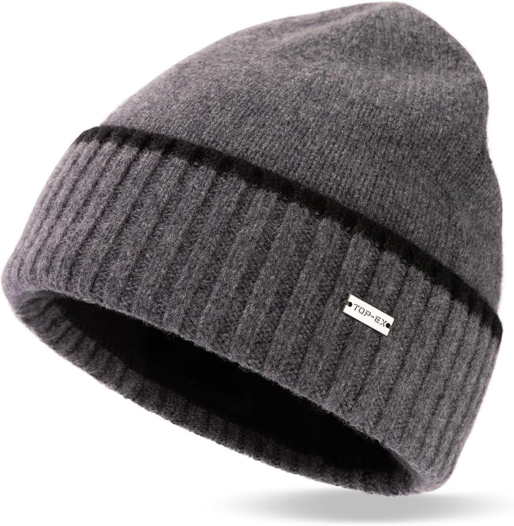 TOP-EX XL/XXL 100% Merino Wool Beanies Hats Men Fleece Lined Winter Knitted Hat Warm Cuffed Beanie (Black, XL)