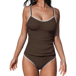 CUPSHE Women's Tankini Set Scoop Neck Ruched Mid Rise Swimsuit S