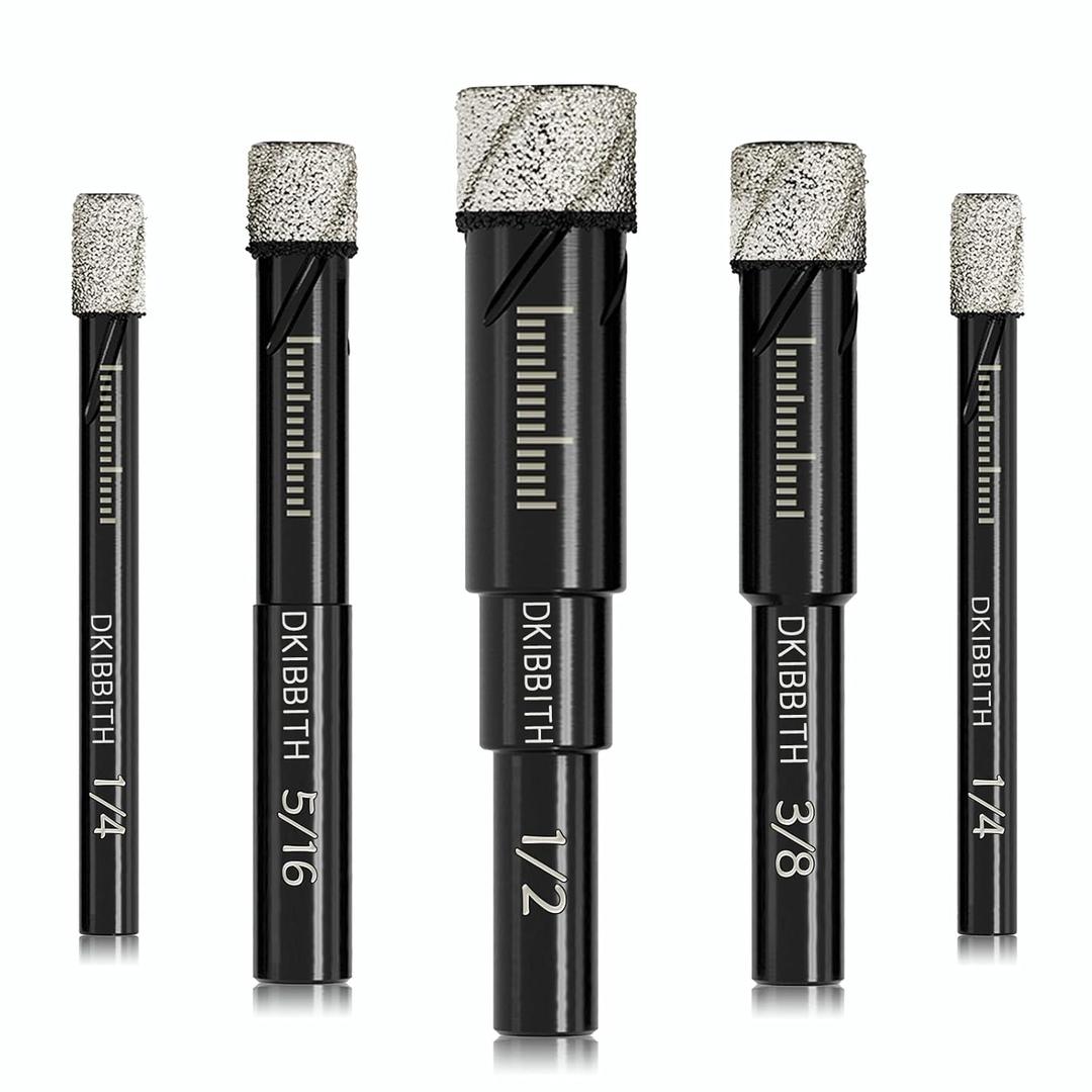 Dry Diamond Drill Bits Set, 5 Pcs Tile Drill Bits for Porcelain, Ceramic, Granite, Marble, Stone, Glass Hard Materials, Round Shank 1/4", 5/16", 3/8", 1/2" Drill Bits, with Storage Case