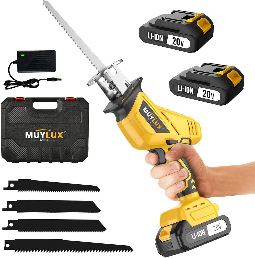 Cordless Reciprocating Saw, Electric Saw with Battery and Charger, 20V Battery Power Saws, 0-3500 SPM Variable Speed, Tool-Free Change, 4 PCS Blades for Wood PVC Metal Pipe Tree Cutting, 2 Batteries
