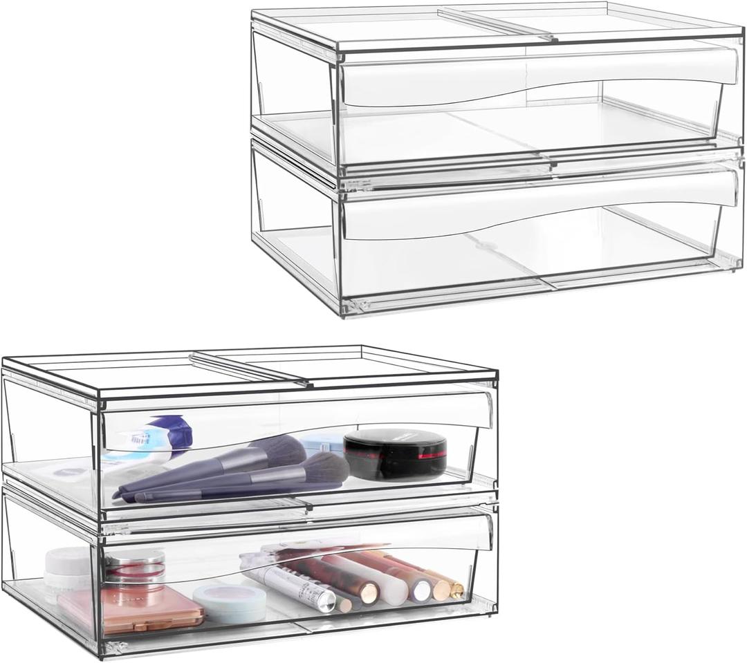 Homeanda 4 Pack Clear Stackable Storage Drawers, 12.1''W Acrylic Plastic Organizers for Makeup, Nail Polish, Snacks, Beauty Supplies, Ideal for Vanity, Bathroom, Undersink, Cabinet, Desk Organization
