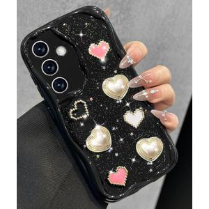 Toycamp for Samsung Galaxy S24 case Women - Cute Girly Girls Phone Cover for Samsung S24 Kawaii Aesthetic Pretty Unique Glitter Bling Sparkle Wave Design Funda para S 24, Black Heart