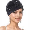 SJTYDX 3Pcs Flower Turban Hats for Women Solid Headwear Ruffle Pre Tied Beanie Hijab Undercap Chemo Cancer Hair Wrap Caps