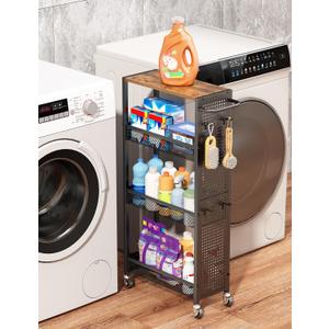 Utility Slim Storage Cart 4 Tier Small Rolling Kitchen Laundry Room Organization Cart with Wood Top Metal Narrow Laundry Room Shelves Cabinet Unit Laundry Organizer Trolley with Handle for Small space