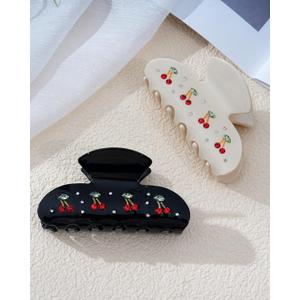 Mesovor 2 Pack Cherry Hair Claw Clips for Women, 3.35" Nonslip Acrylic Cute Claw Clips with Rhinestone Pattern in Red Cherry Shape Hairclips (Cherry: Black, Beige)