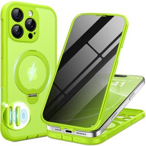 BERFY for iPhone 16 Pro Case, Compatible with MagSafe, Built in Privacy Screen Protector, Shockproof Full Body Phone Case for 16 Pro with Magnetic Stand, Translucent Bright Green