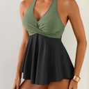 Aidonger Halter Women's Tankini Swimsuits Tummy Control Two Piece Swim Dress Bathing Suits Flowy Swim Top with Short Army Green, Black, XL 