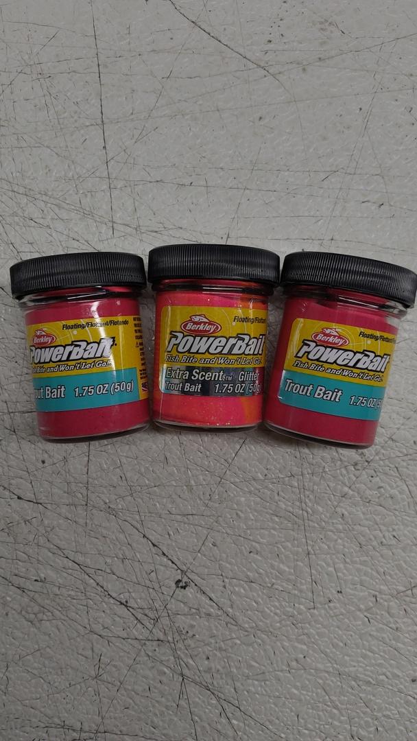 3pack of Trout Power Bait, two 1.75 oz of standard trout bait, one container of Extra Scent Glittering Trout Bait 