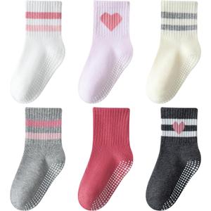 Toddler Grip Socks with Non-Slip, Unisex Baby Retro Stripe Seamless Crew Ankle Cotton Socks for Girls Boys 6 Pairs (1-3T)