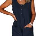 AlvaQ Rompers for Women Solid Color Casual Sleeveless Textured Button Down Short Jumpsuits with Pockets, Size: L