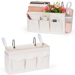 Bedside Caddy Organizer with Fixed Straps and Water Bottle Holder for Home, College Dorm, Hospital, Crib and Bunk Bed (2 Pcs, White)