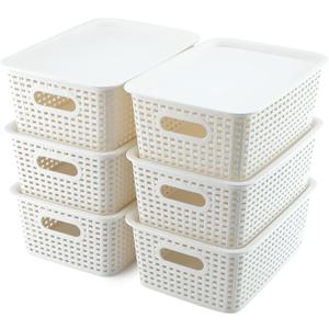 AREYZIN Plastic Storage Baskets With Lid Organizing Container Lidded Knit Storage Organizer Bins for Shelves Drawers Desktop Closet Playroom Classroom Office, White, 6 Pack