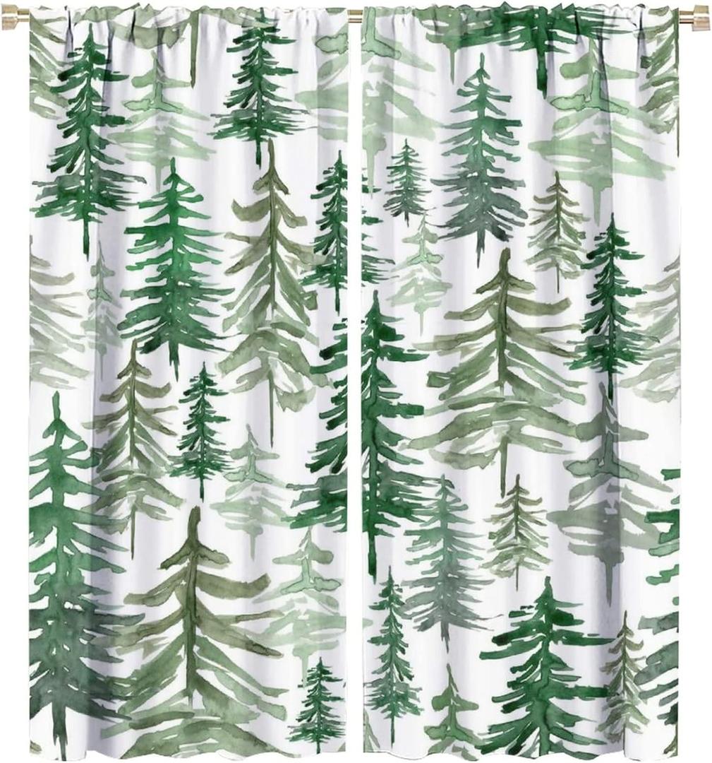 Green Forest Tree Curtain, Pine Coniferous Trees Forest Watercolor Design Room Darkening Door Window Rod Pocket Curtain for Bedroom Living Room 42x54in (Style-6)