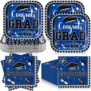 Zhehao 72 Pcs 2025 Graduation Party Supplies Set Serve 36, 7" Square Congrats Grad Paper Dessert Plates and Napkins Class of 2025 Graduation Disposable Dinnerware Decoration for Holiday(Blue)