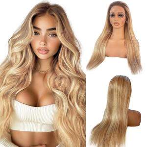 Ash Blonde Lace Front Wig Human Hair 180% Density, 13x4 Silky Straight Mini Knots HD Invisible Lace Wig for Women Glueless Highlights Wigs 20 Inch Brazilian Free Part Frontal Wigs (#4T12P613)