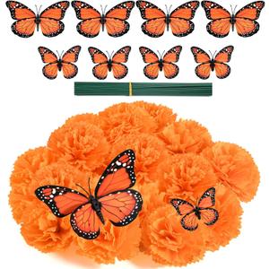 Artificial Marigold Flower Heads,Marigold Heads Bulk and 12 Monarch Butterfly for Dia De Los Muertos Diwali Decorations for Home Wreath Garland DIY Day of The Dead Altar Decor Orange