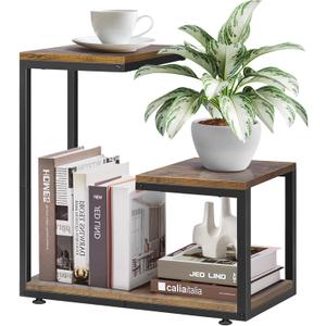 G-Shaped Side Table with Thick Metal Frame, 3-Tier End Table for Sofa Bedside Table with Storage, Corner Table Coffee Table for Bedroom Living Room Kitchen (Rustic Brown)