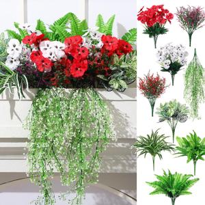 Daifunli 24 Pcs Artificial Plants for Outdoor, Fake Flowers Greenery UV Resistant Faux Plant Stems Shrubs Hanging Porch Patio Garden Window Box Home Wedding Summer Spring Decor(Green Red)