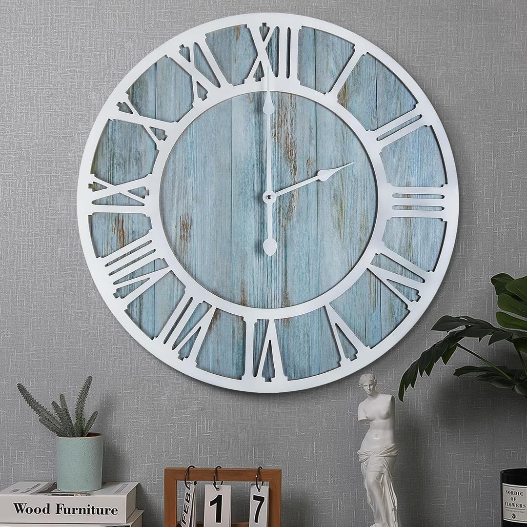 1st owned Wall Clocks for Living Room Decor,24" Vintage,Round Silent Non Ticking,Black Metal,Modern Wood Clocks for Home Bedroom,Kitchen,Garden,Office,Cafe,Modern Wall Decoration -Roman Numerals