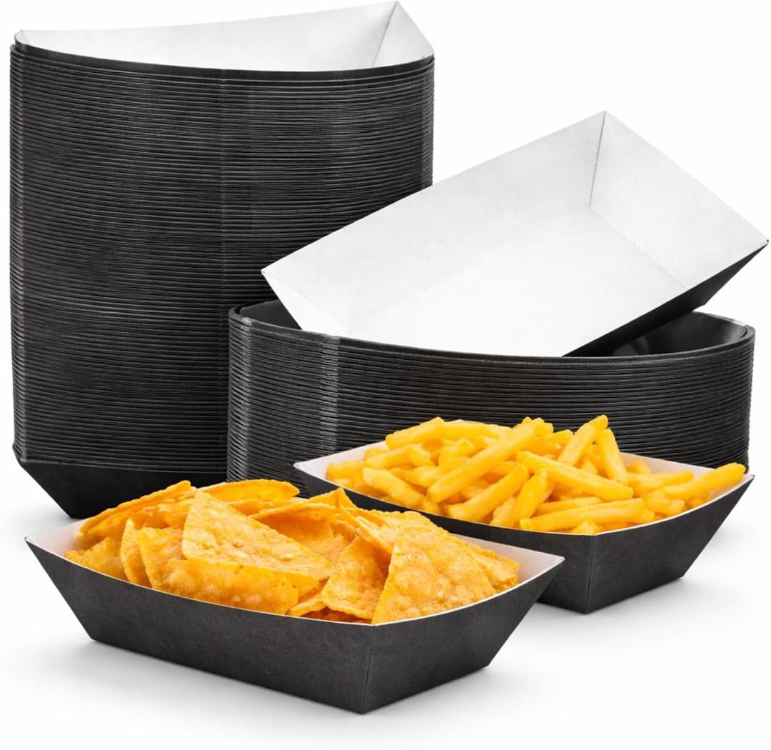 Yinkin 100 Pcs Paper Food Trays Boat 1 lb Disposable Nacho Trays Walking Taco Chip Bags Kraft Paper Boat for Weddings Picnics Carnival Birthday Party Concession Supplies(Black)